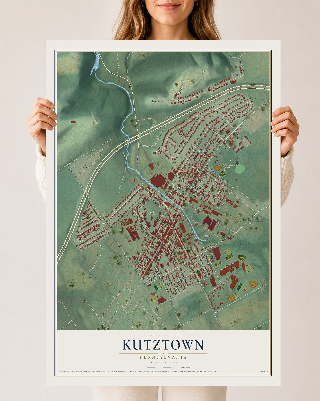 Map of Kutztown, Pennsylvania, 24 x 36 inch unframed archival matte print
