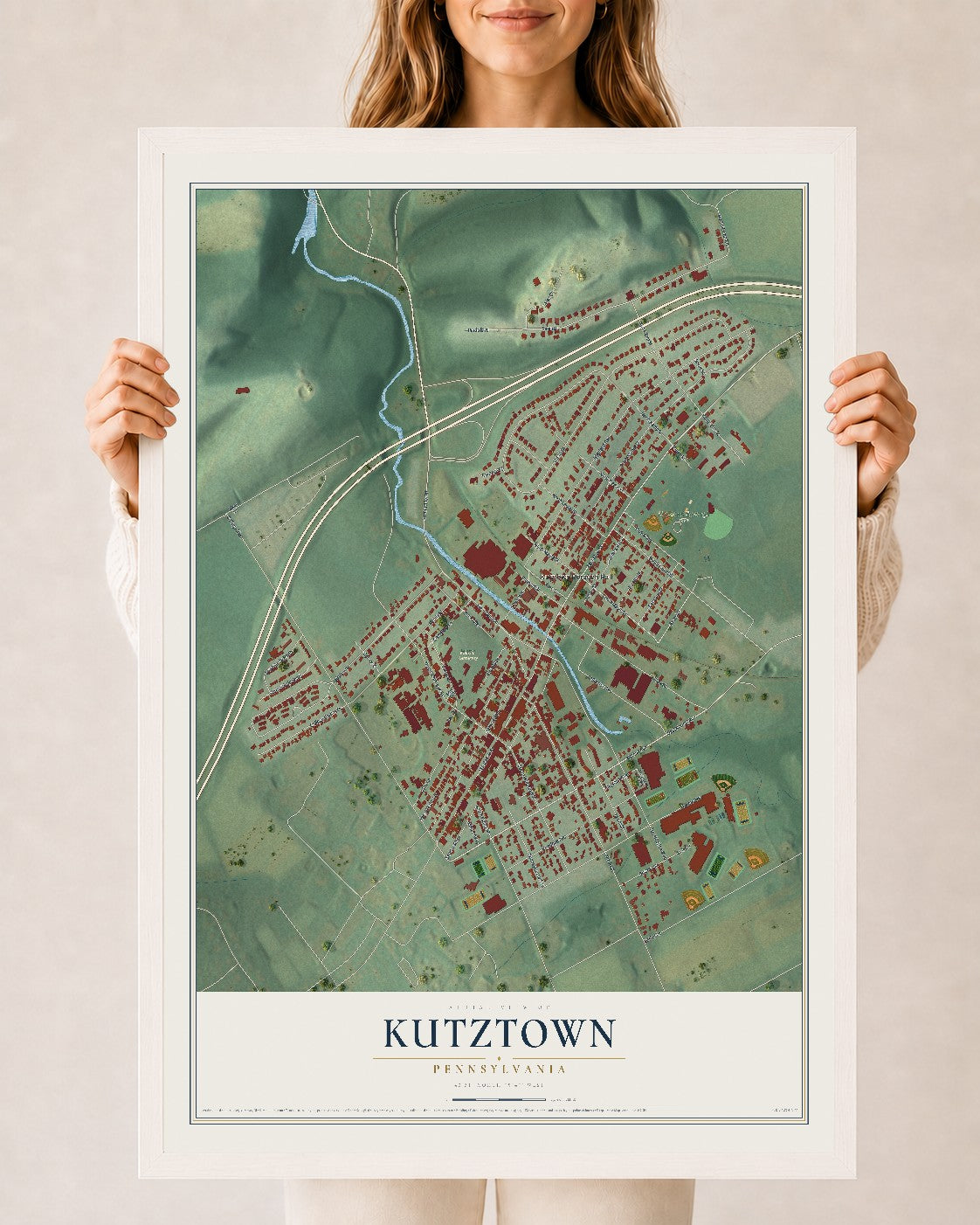 Map of Kutztown, Pennsylvania, 24 x 36 inch print in a white wood frame