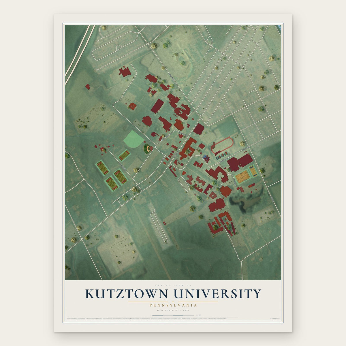 Kutztown University, Pennsylvania map print, the full design