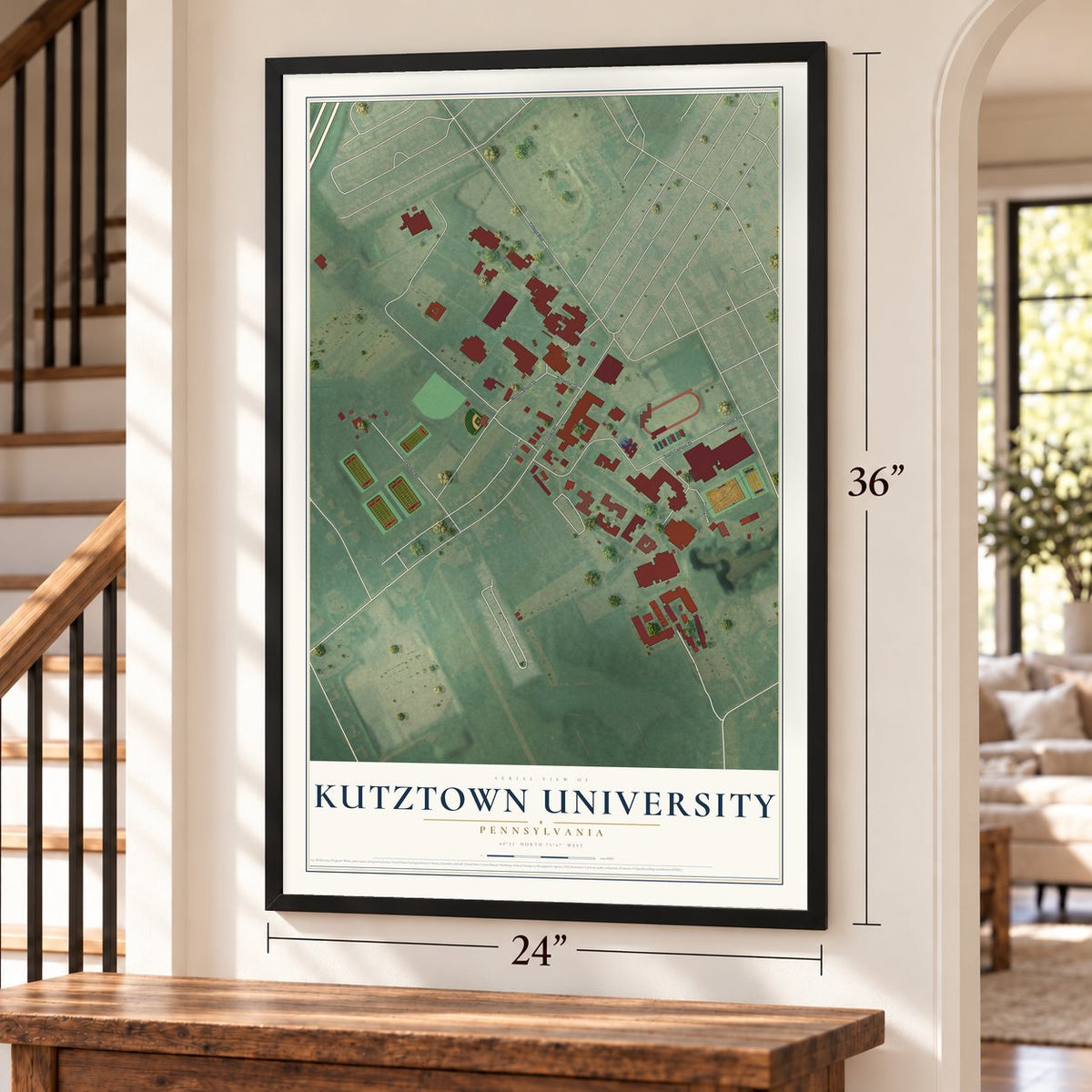 Kutztown University, Pennsylvania map, 24 x 36 inch print in a black frame by a staircase
