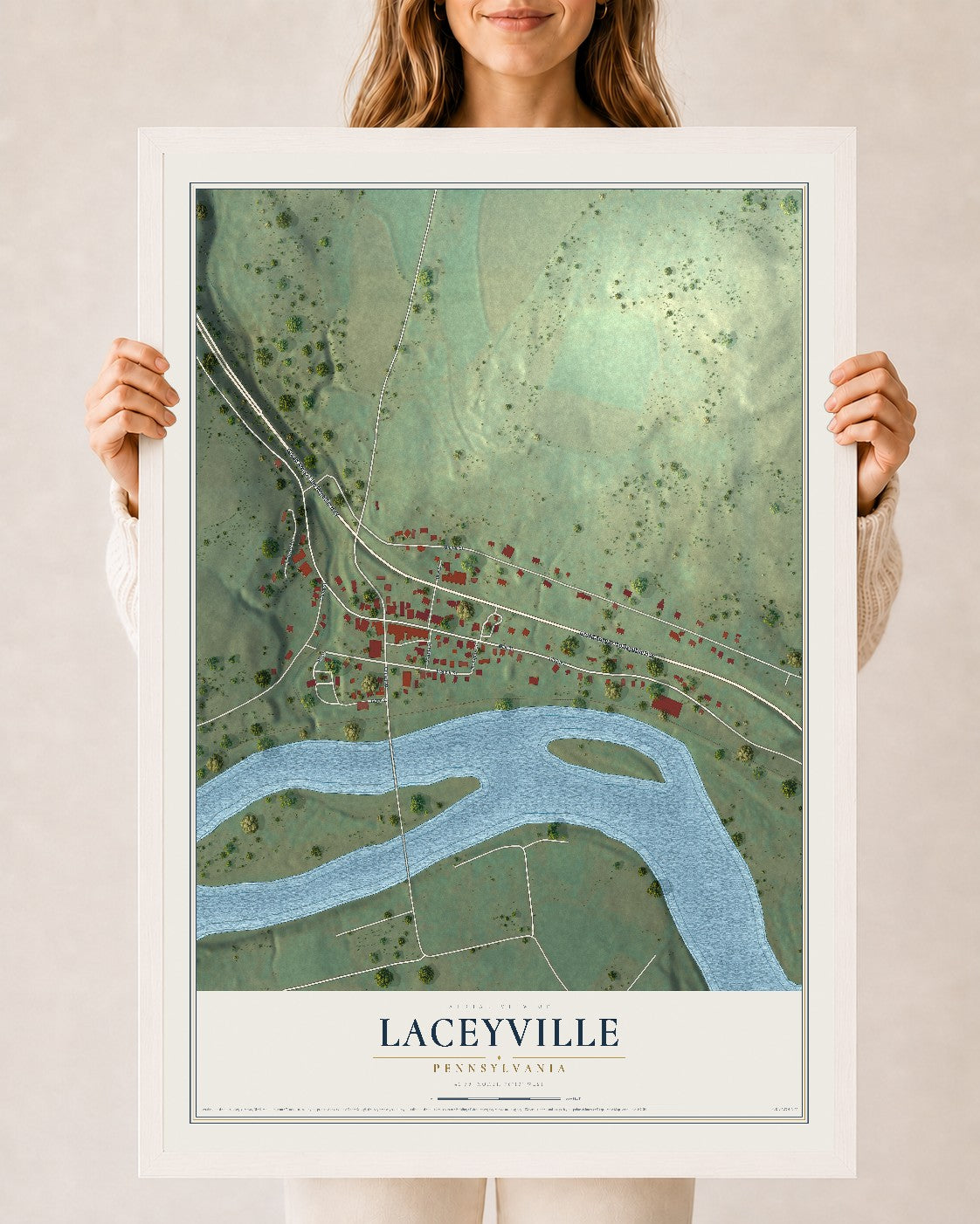Map of Laceyville, Pennsylvania, 24 x 36 inch print in a white wood frame