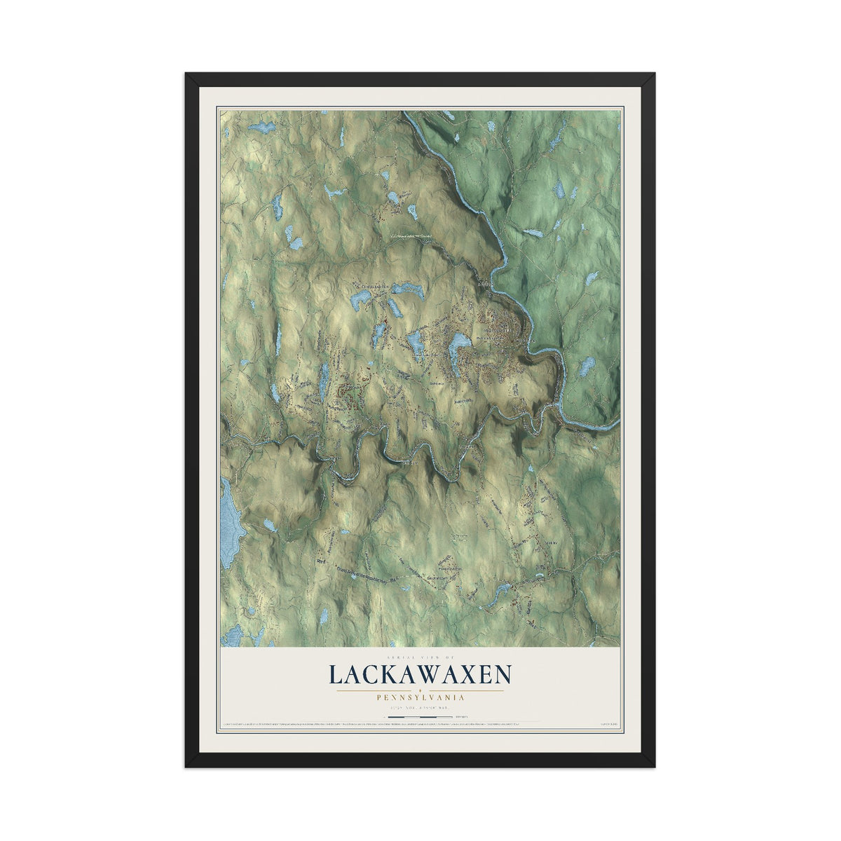 Map of Lackawaxen, Pennsylvania, 12 x 18 inch print in a black wood frame