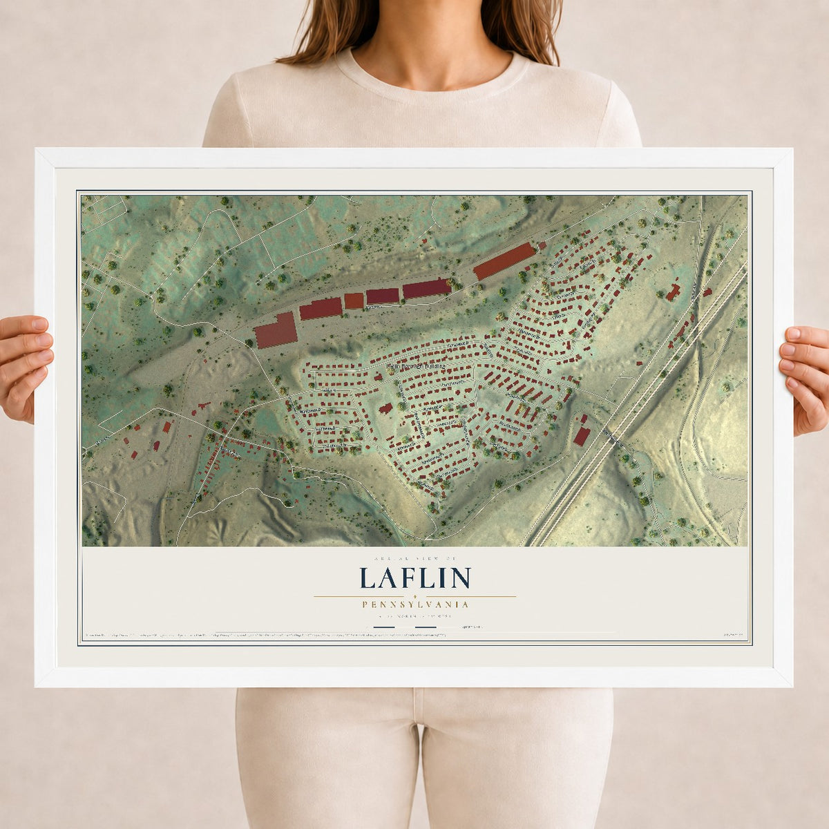 Map of Laflin, Pennsylvania, 18 x 24 inch print in a white wood frame