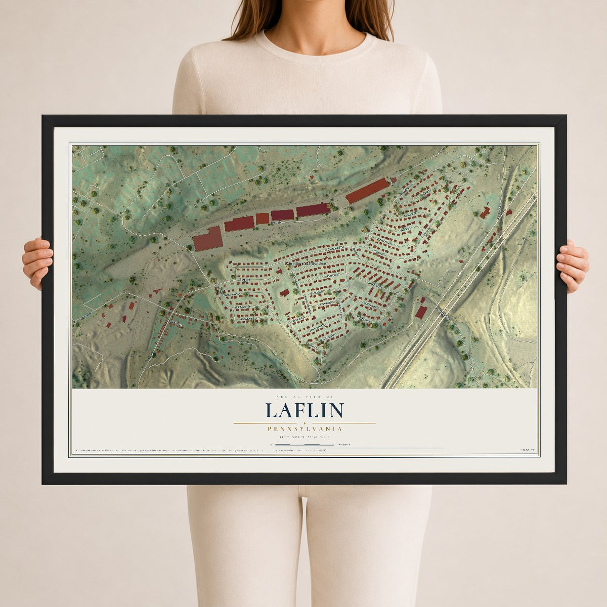 Map of Laflin, Pennsylvania, 24 x 36 inch print in a black wood frame