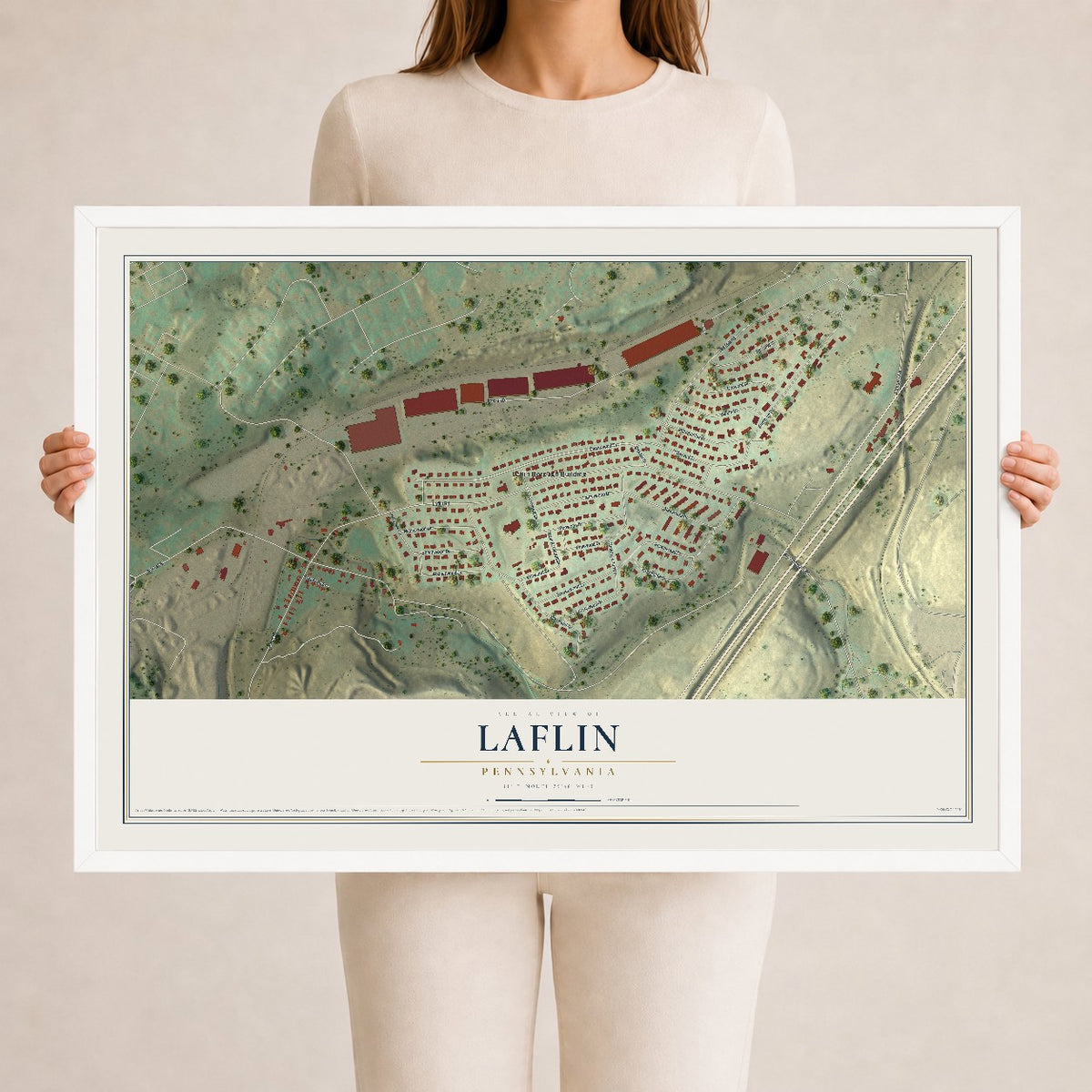 Map of Laflin, Pennsylvania, 24 x 36 inch print in a white wood frame