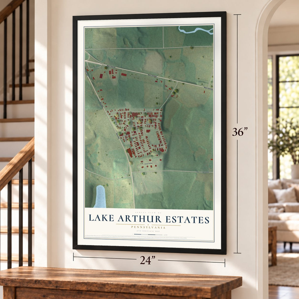 Lake Arthur Estates, Pennsylvania map, 24 x 36 inch print in a black frame by a staircase
