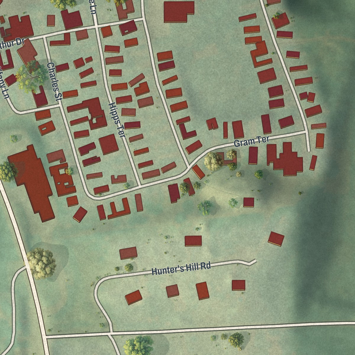 Close-up of the map of Lake Arthur Estates, Pennsylvania print showing street and building detail