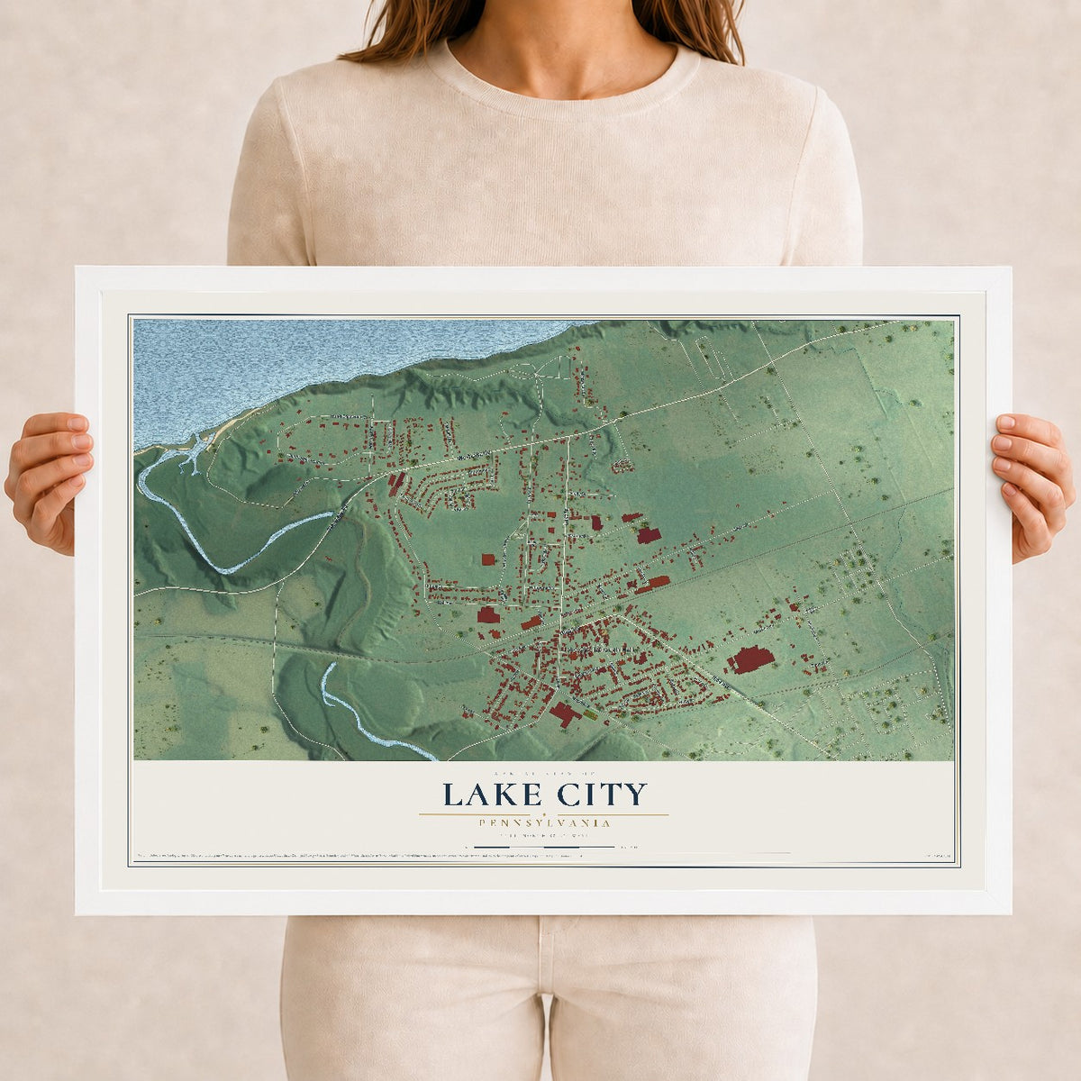 Map of Lake City, Pennsylvania, 12 x 18 inch print in a white wood frame