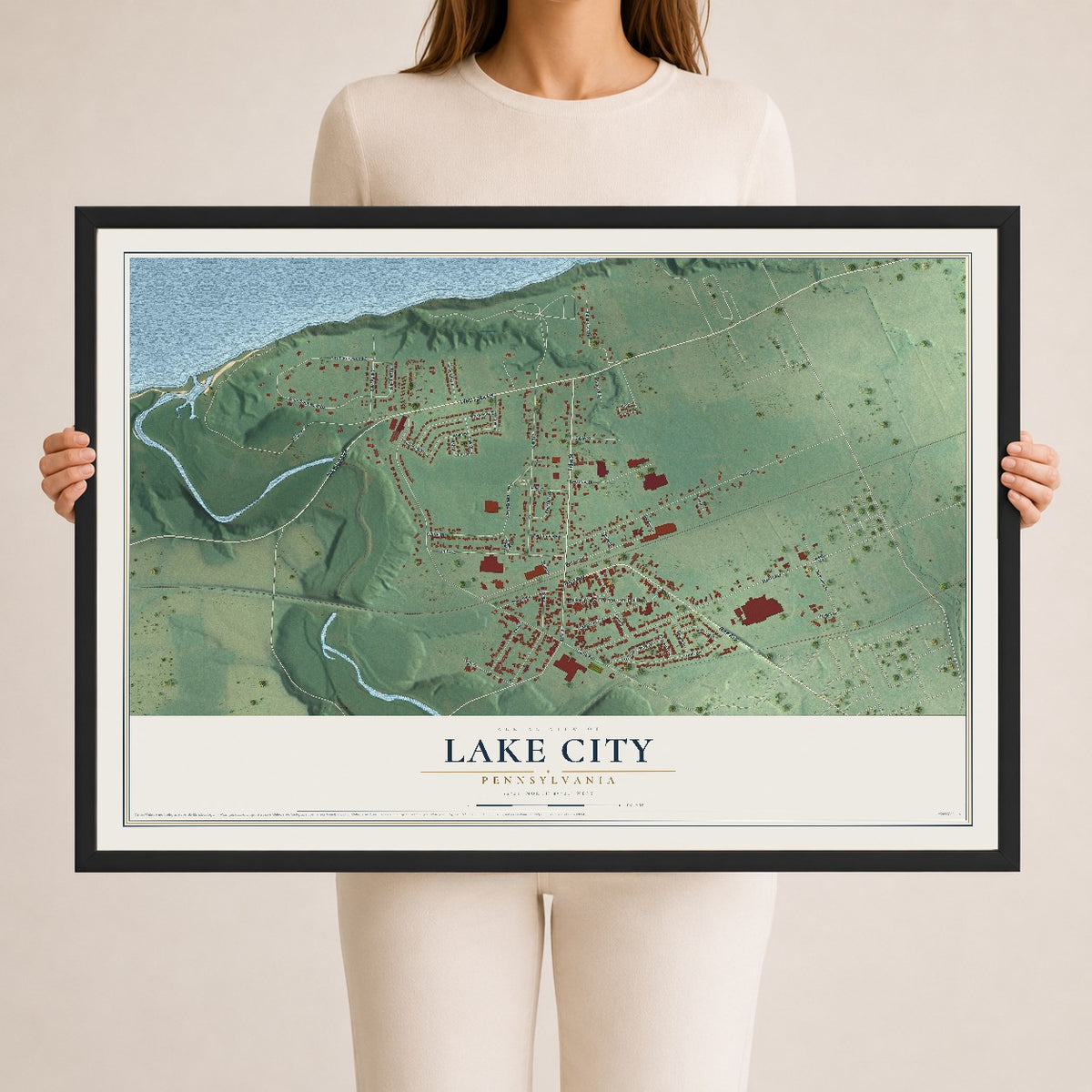Map of Lake City, Pennsylvania, 24 x 36 inch print in a black wood frame