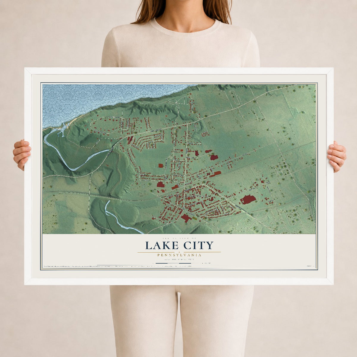 Map of Lake City, Pennsylvania, 24 x 36 inch print in a white wood frame