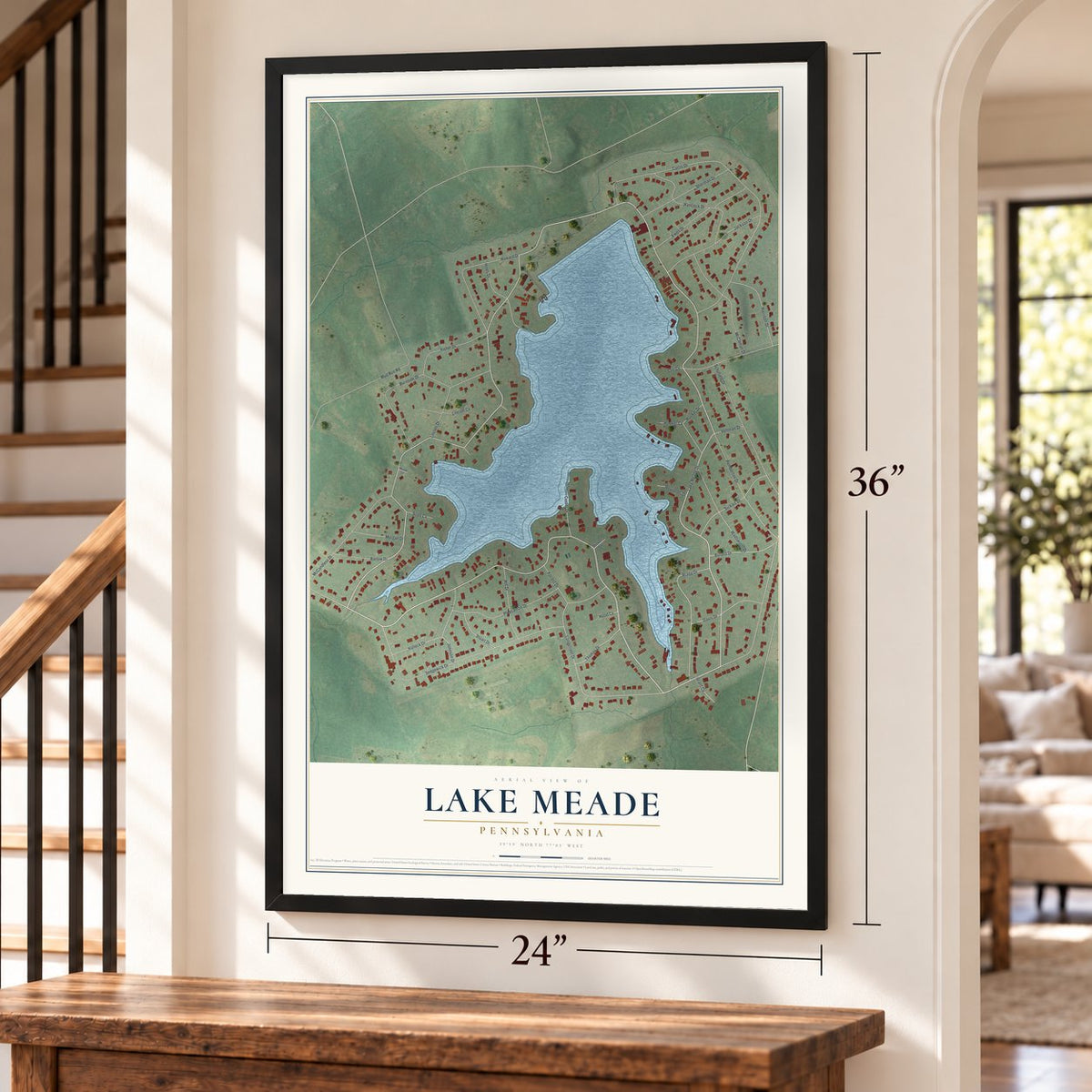 Lake Meade, Pennsylvania map, 24 x 36 inch print in a black frame by a staircase