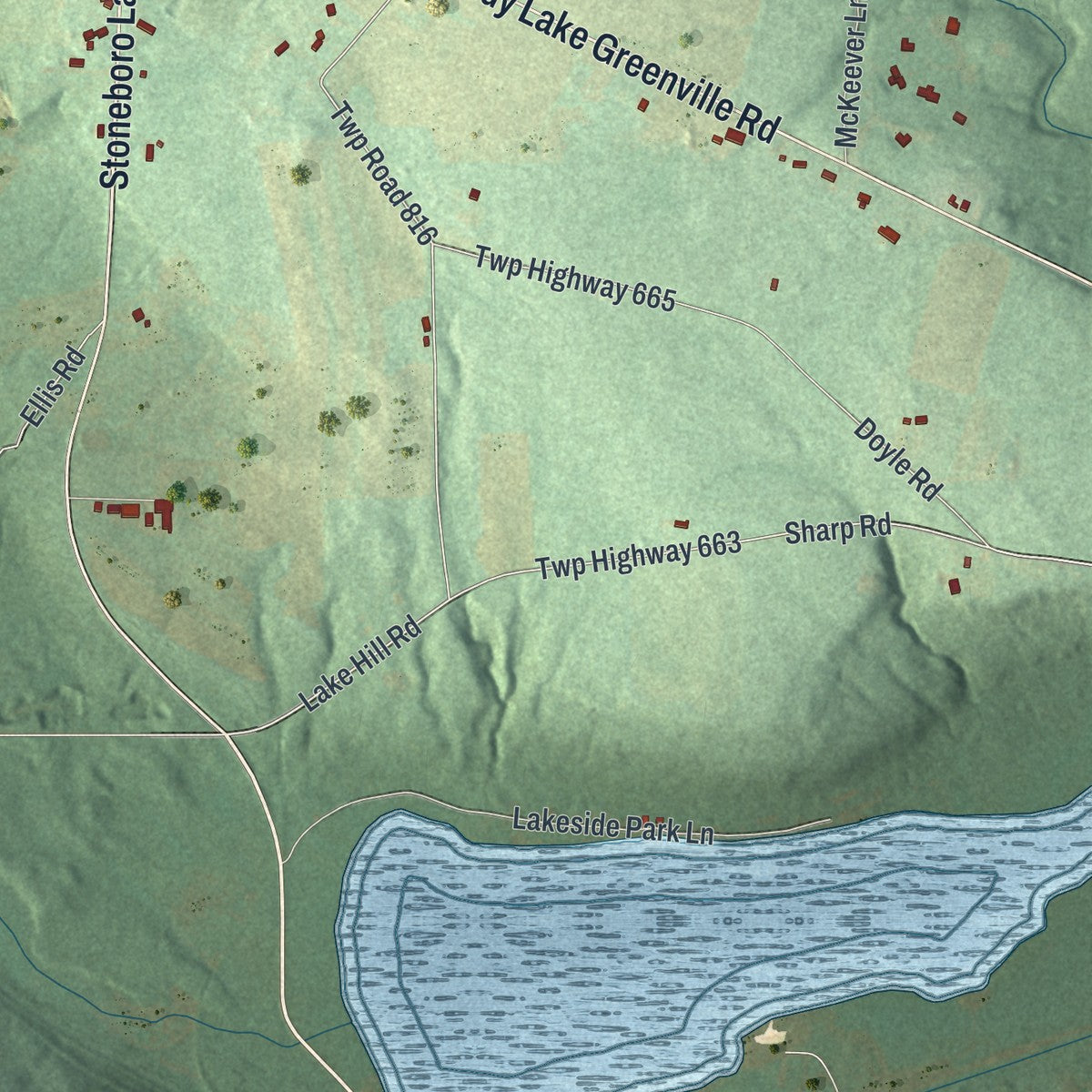 Close-up of the map of Lake, Mercer County, Pennsylvania print showing street and building detail