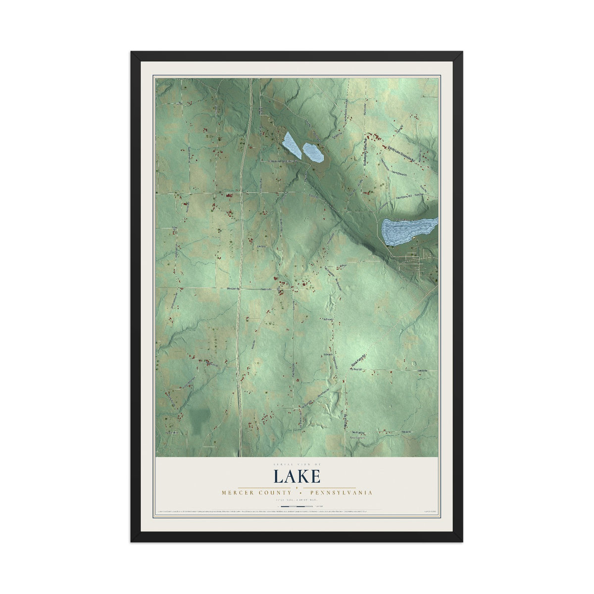 Map of Lake, Mercer County, Pennsylvania, 12 x 18 inch print in a black wood frame