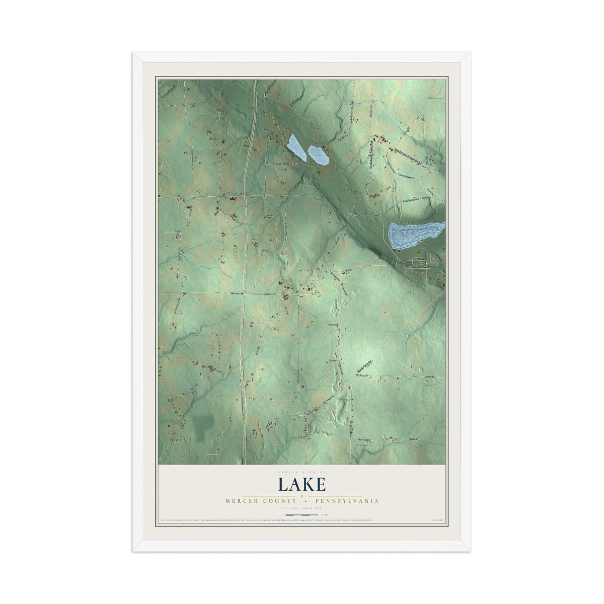 Map of Lake, Mercer County, Pennsylvania, 12 x 18 inch print in a white wood frame