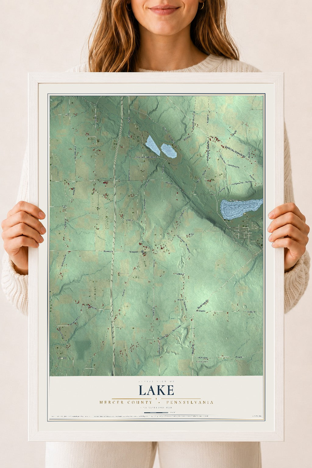 Map of Lake, Mercer County, Pennsylvania, 18 x 24 inch print in a white wood frame