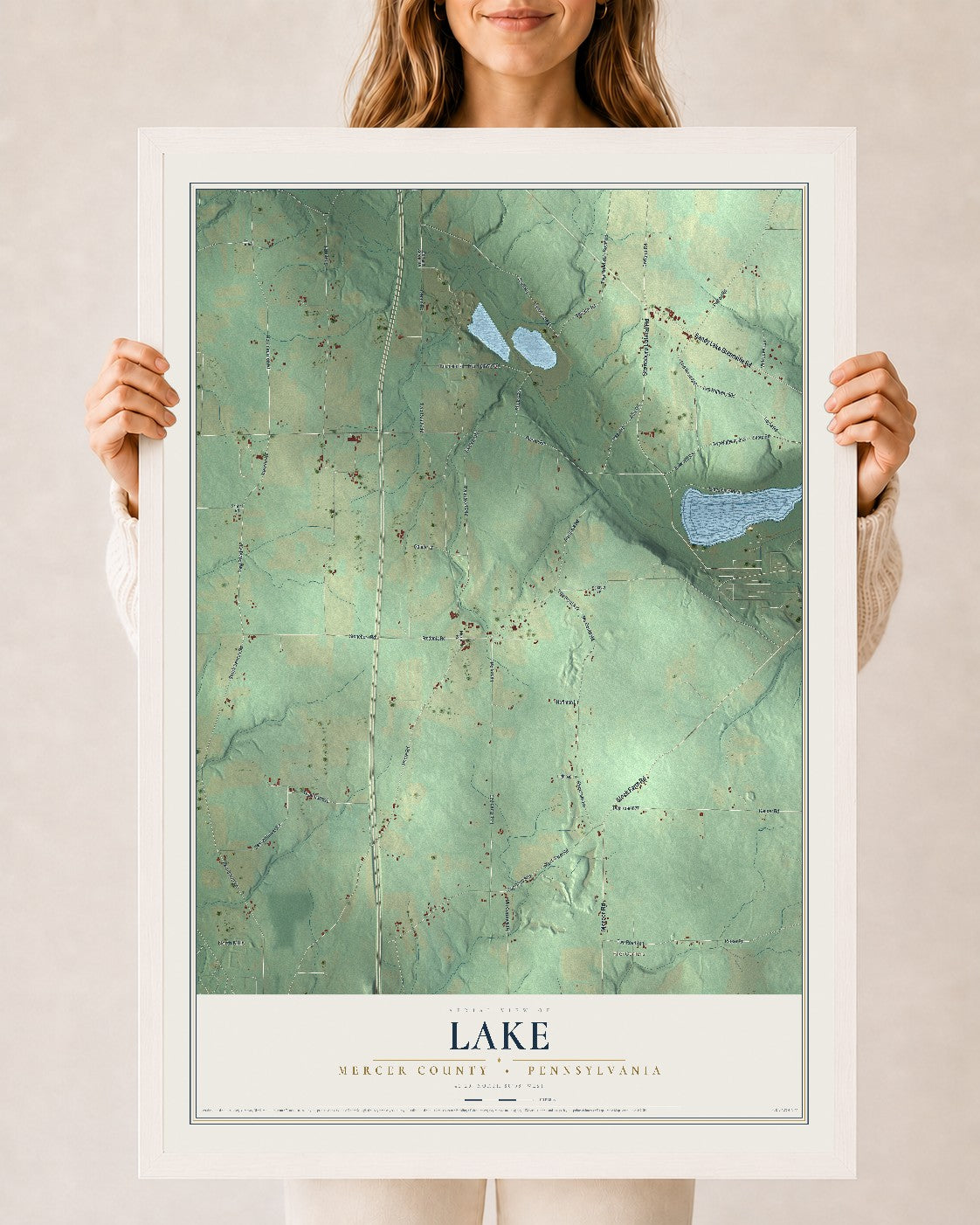 Map of Lake, Mercer County, Pennsylvania, 24 x 36 inch print in a white wood frame