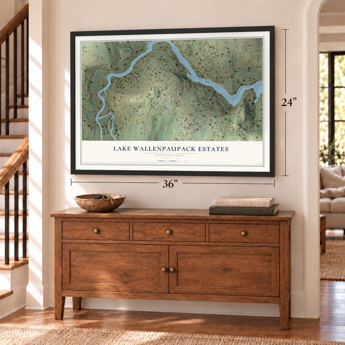 Lake Wallenpaupack Estates, Pennsylvania map, 24 x 36 inch print in a black frame above a dresser by a staircase