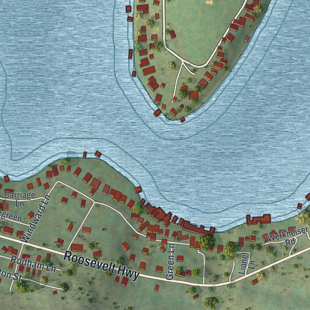 Close-up of the map of Lake Winola, Pennsylvania print showing street and building detail