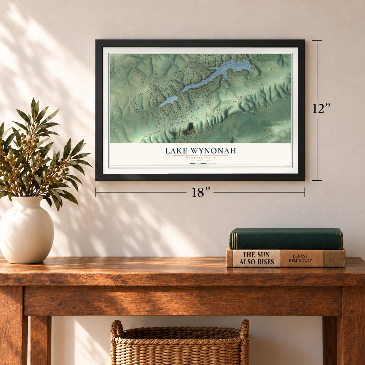Lake Wynonah, Pennsylvania map, 12 x 18 inch print in a black frame in an entryway