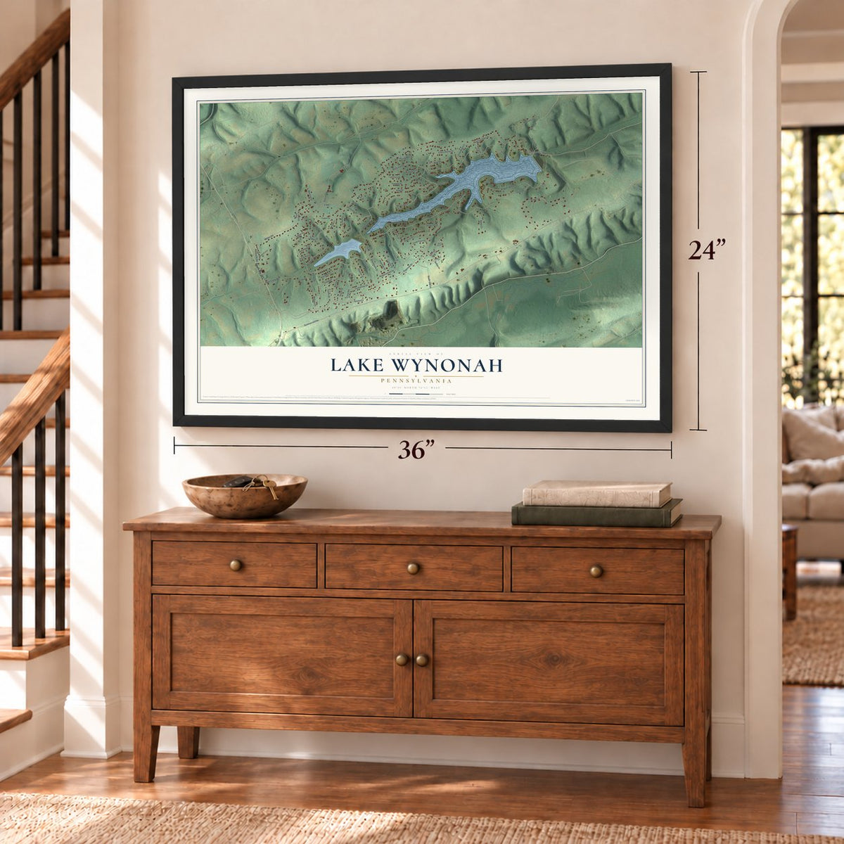 Lake Wynonah, Pennsylvania map, 24 x 36 inch print in a black frame above a dresser by a staircase