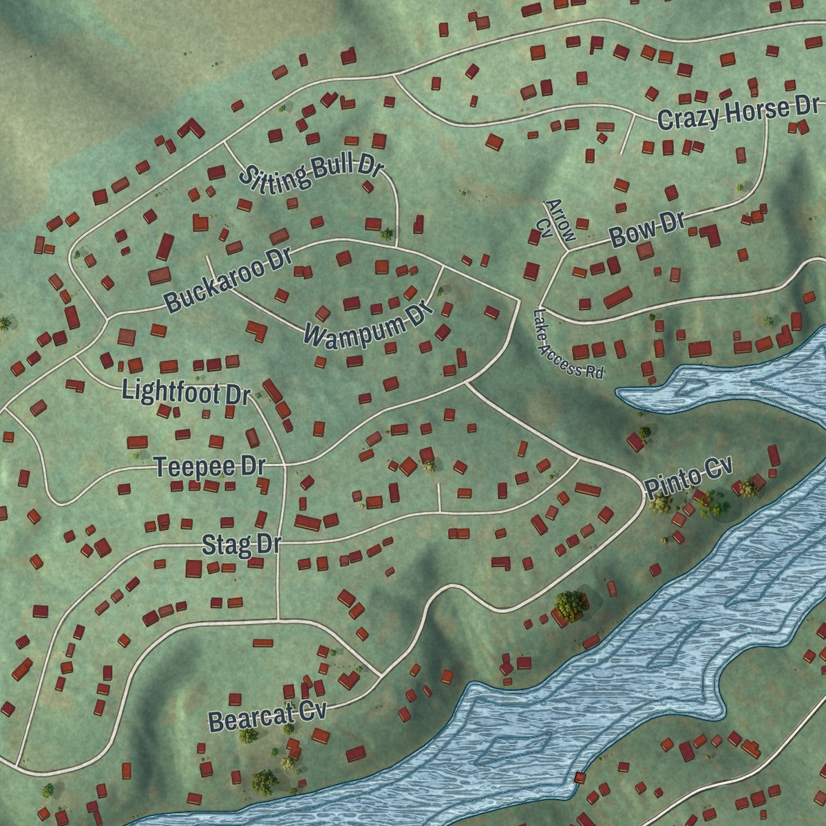 Close-up of the map of Lake Wynonah, Pennsylvania print showing street and building detail