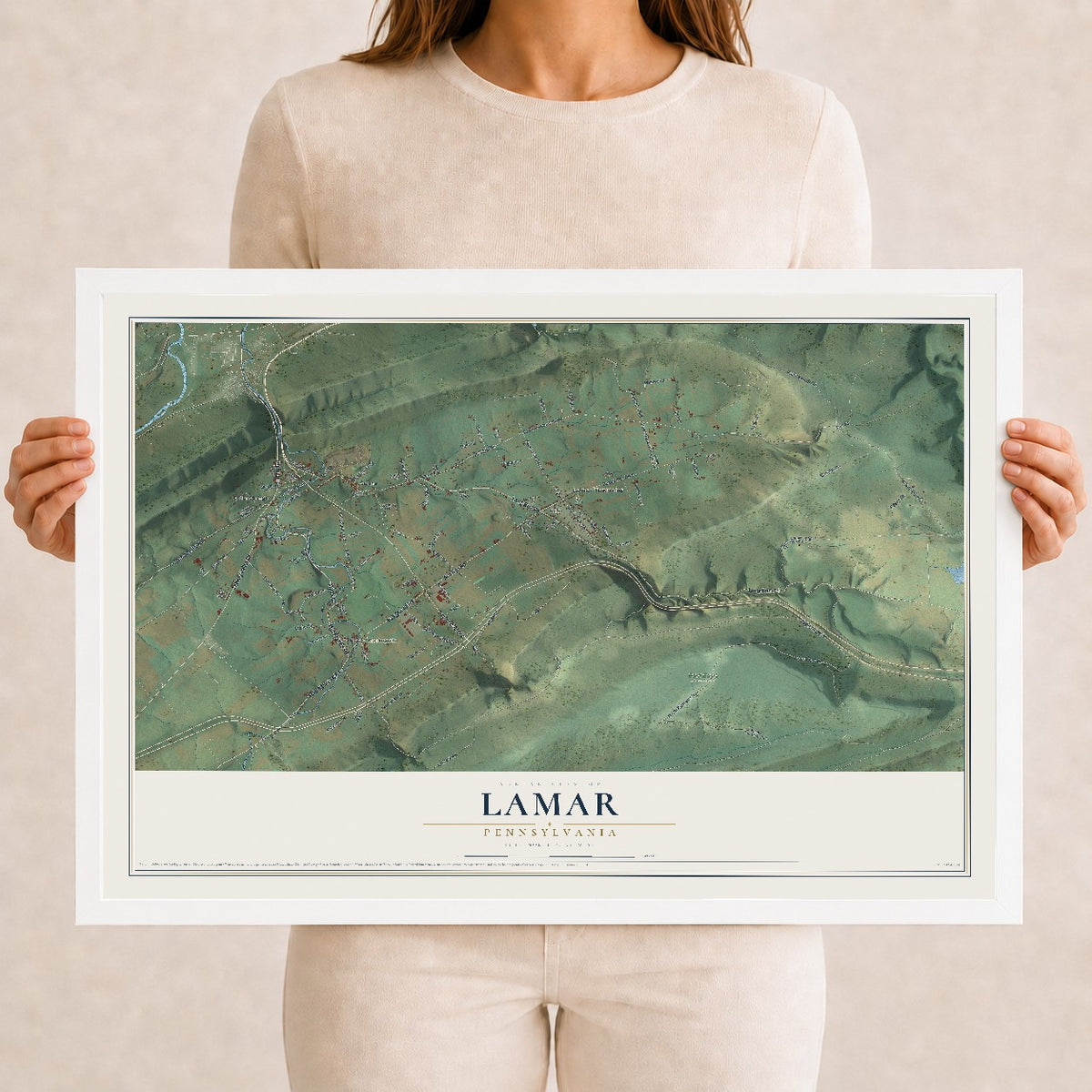 Map of Lamar, Pennsylvania, 12 x 18 inch print in a white wood frame