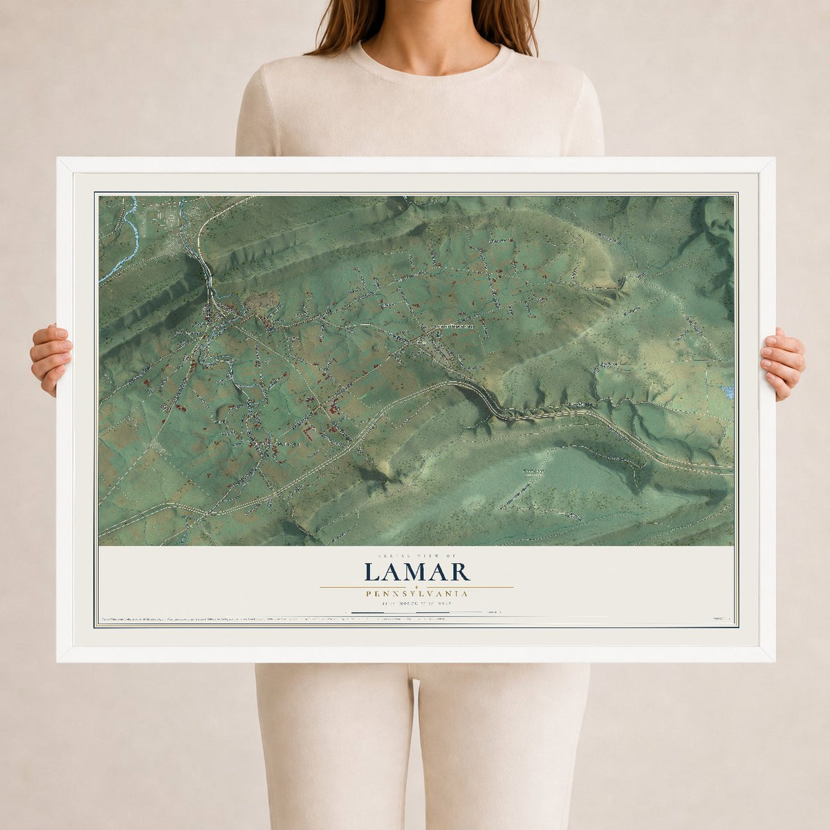 Map of Lamar, Pennsylvania, 24 x 36 inch print in a white wood frame