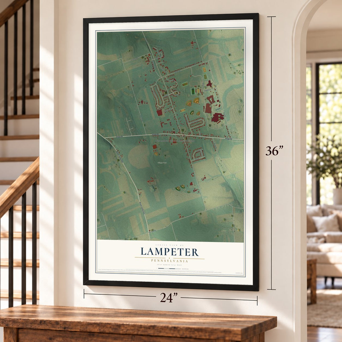 Lampeter, Pennsylvania map, 24 x 36 inch print in a black frame by a staircase