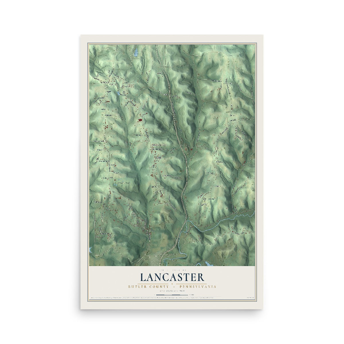 Map of Lancaster, Butler County, Pennsylvania, 12 x 18 inch unframed archival matte print