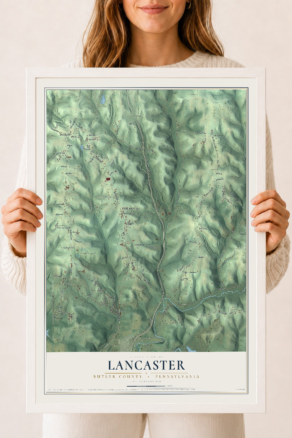 Map of Lancaster, Butler County, Pennsylvania, 18 x 24 inch print in a white wood frame
