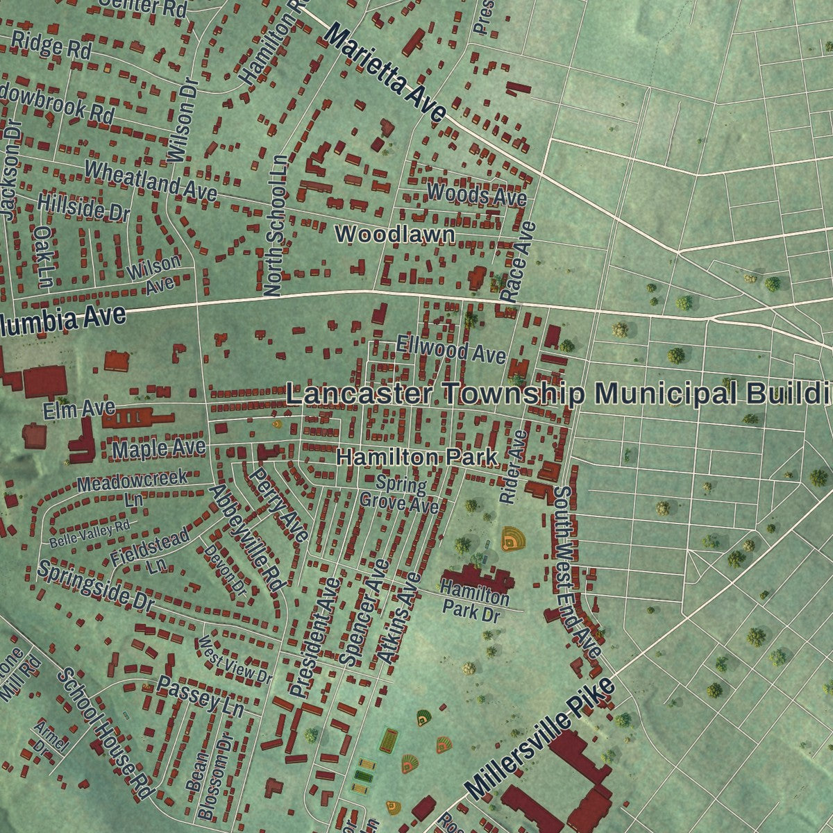 Close-up of the map of Lancaster, Lancaster County, Pennsylvania print showing street and building detail
