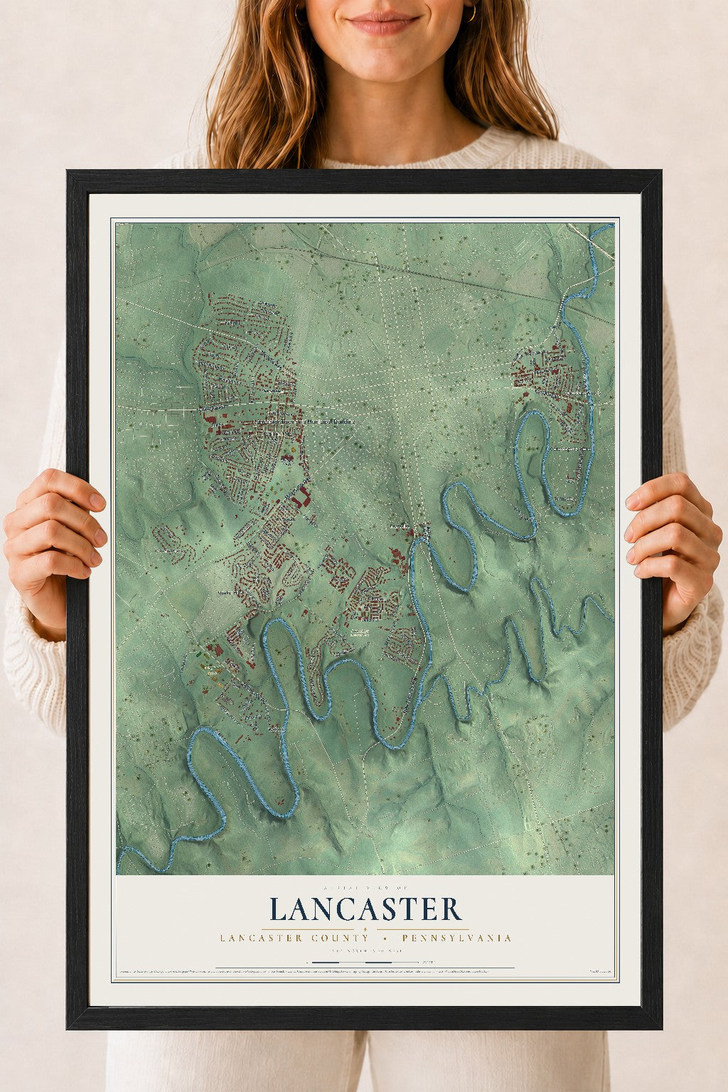 Map of Lancaster, Lancaster County, Pennsylvania, 18 x 24 inch print in a black wood frame