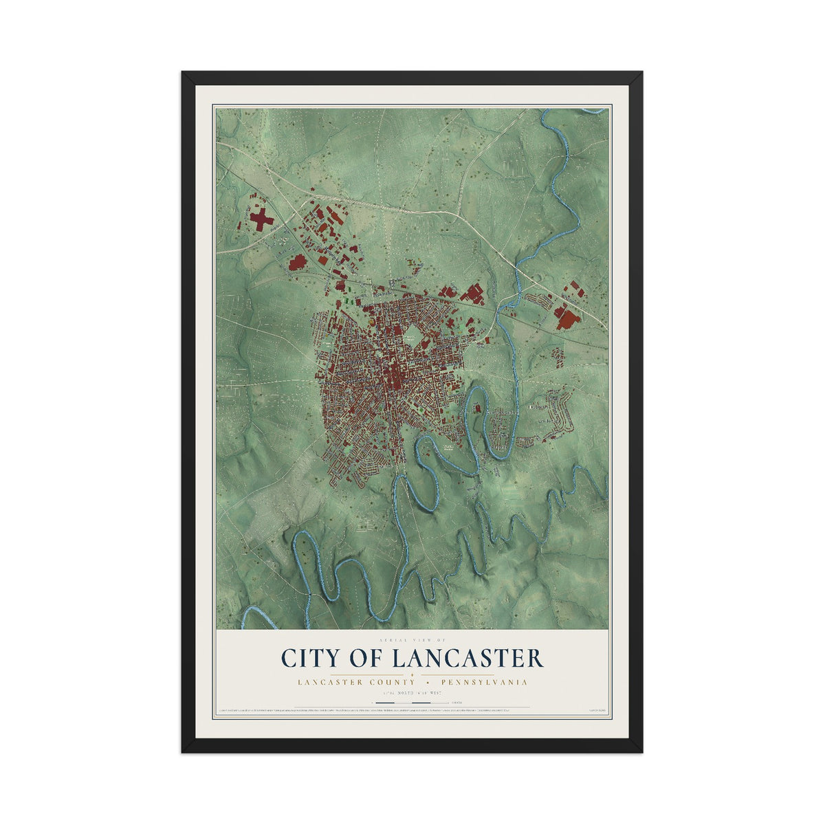 Map of the City of Lancaster, Lancaster County, Pennsylvania, 12 x 18 inch print in a black wood frame