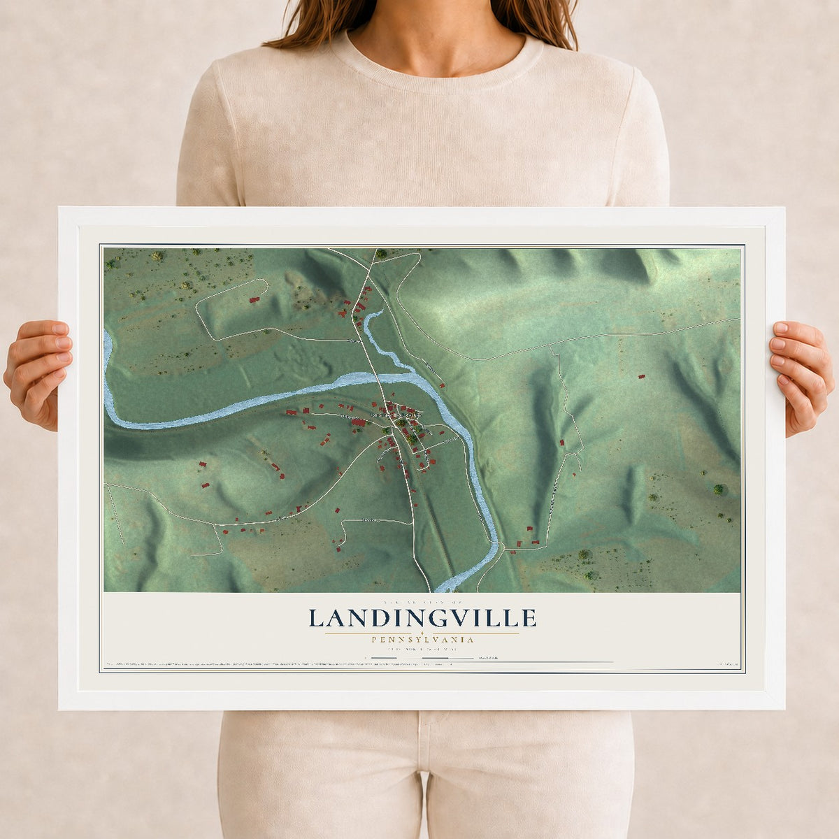 Map of Landingville, Pennsylvania, 12 x 18 inch print in a white wood frame