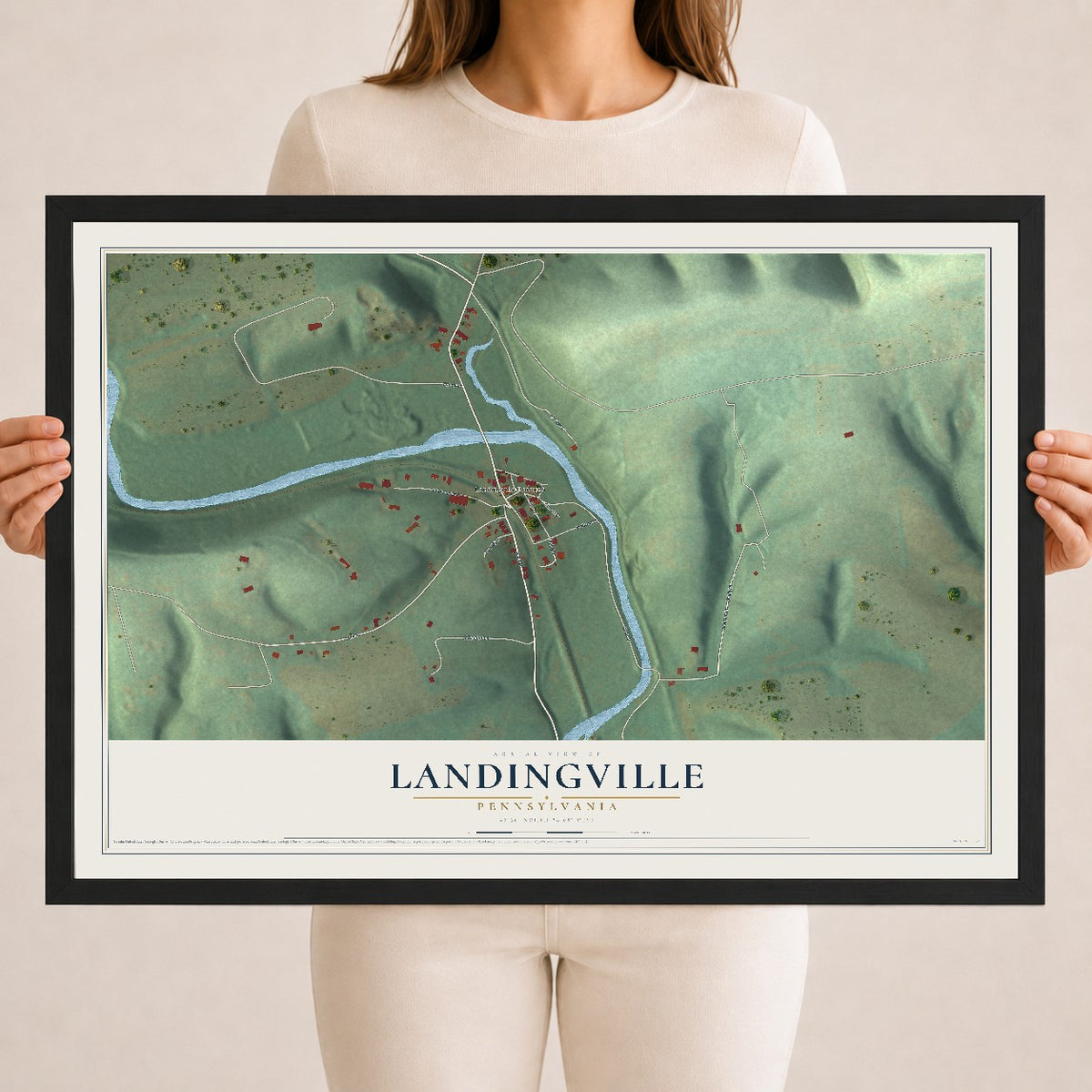 Map of Landingville, Pennsylvania, 18 x 24 inch print in a black wood frame