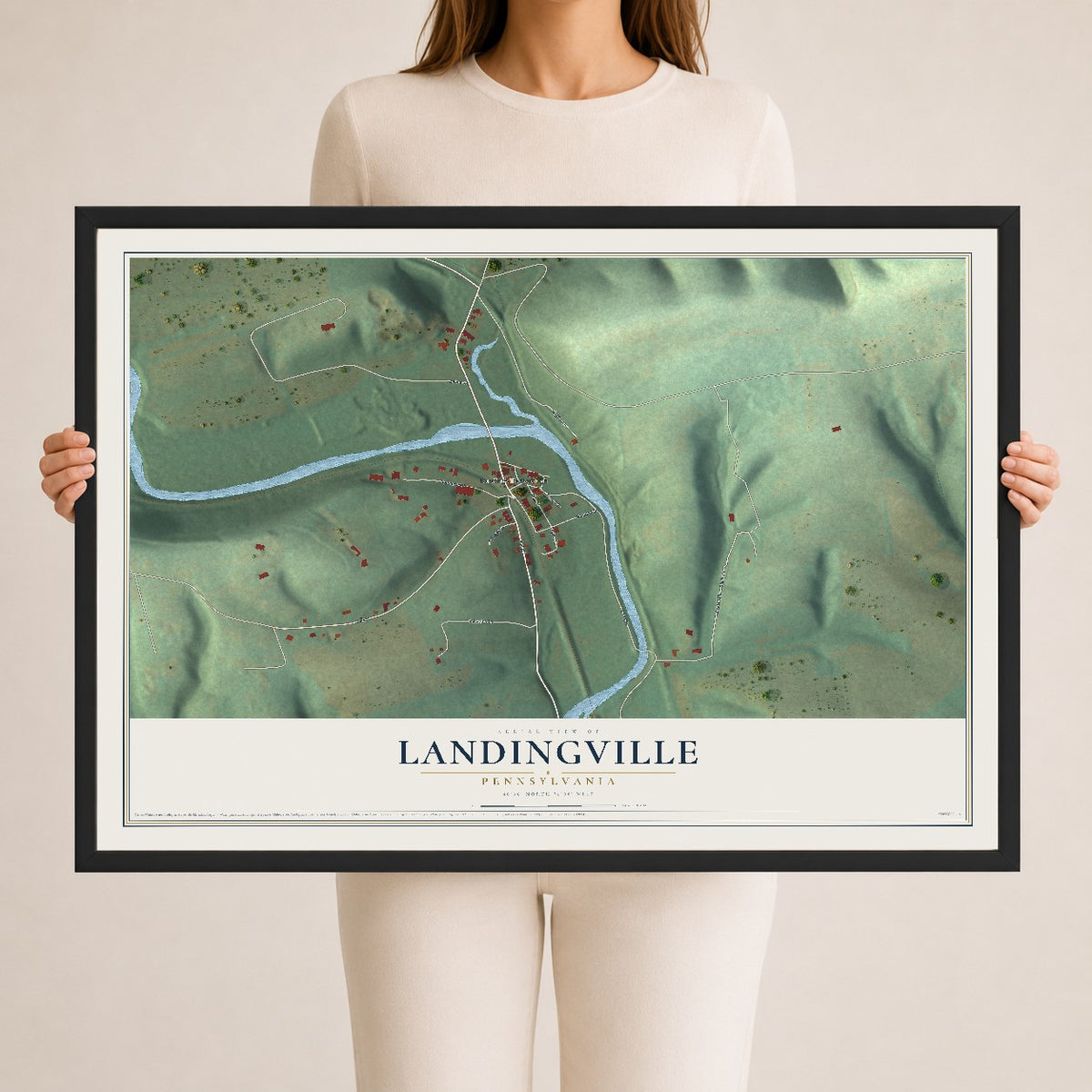 Map of Landingville, Pennsylvania, 24 x 36 inch print in a black wood frame