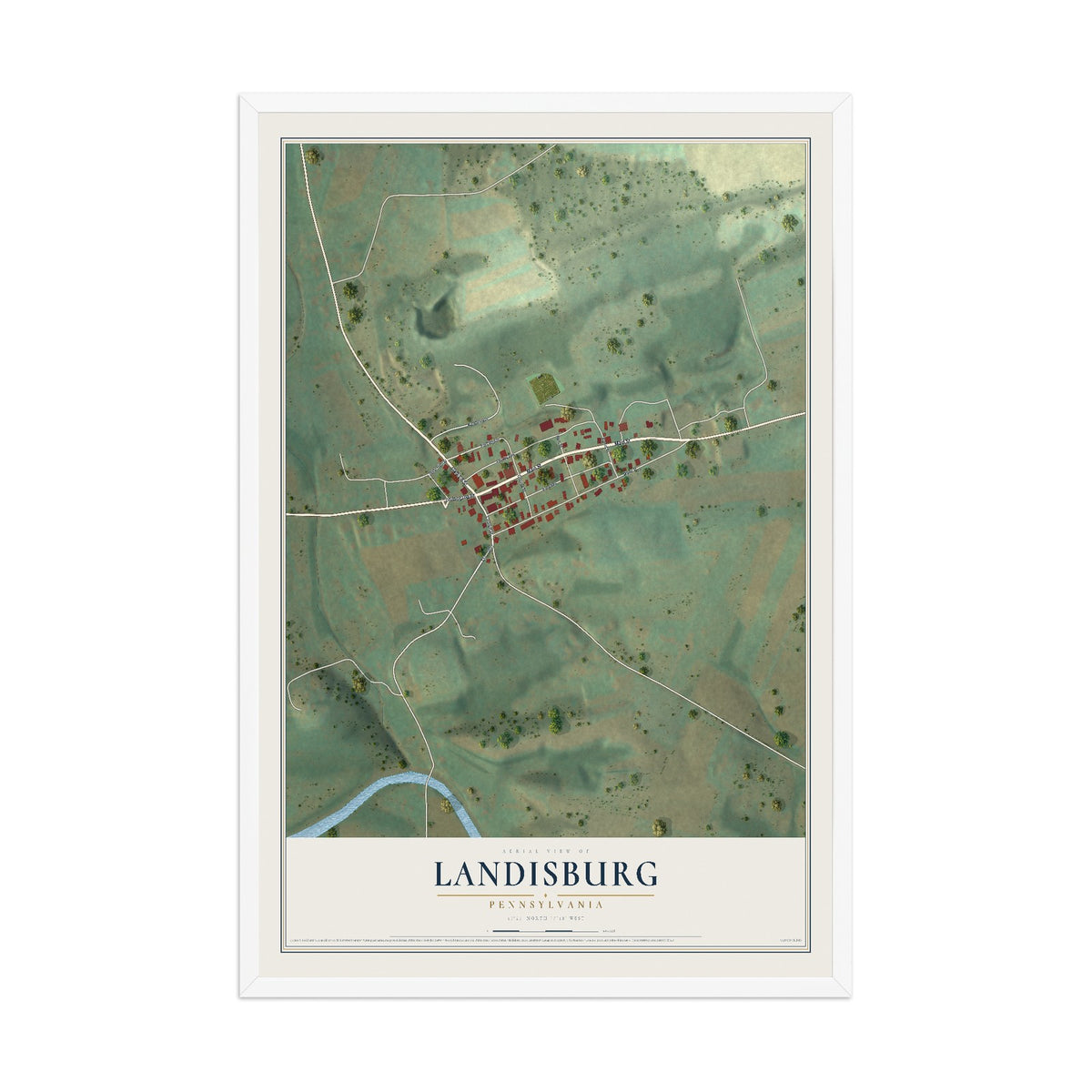 Map of Landisburg, Pennsylvania, 12 x 18 inch print in a white wood frame