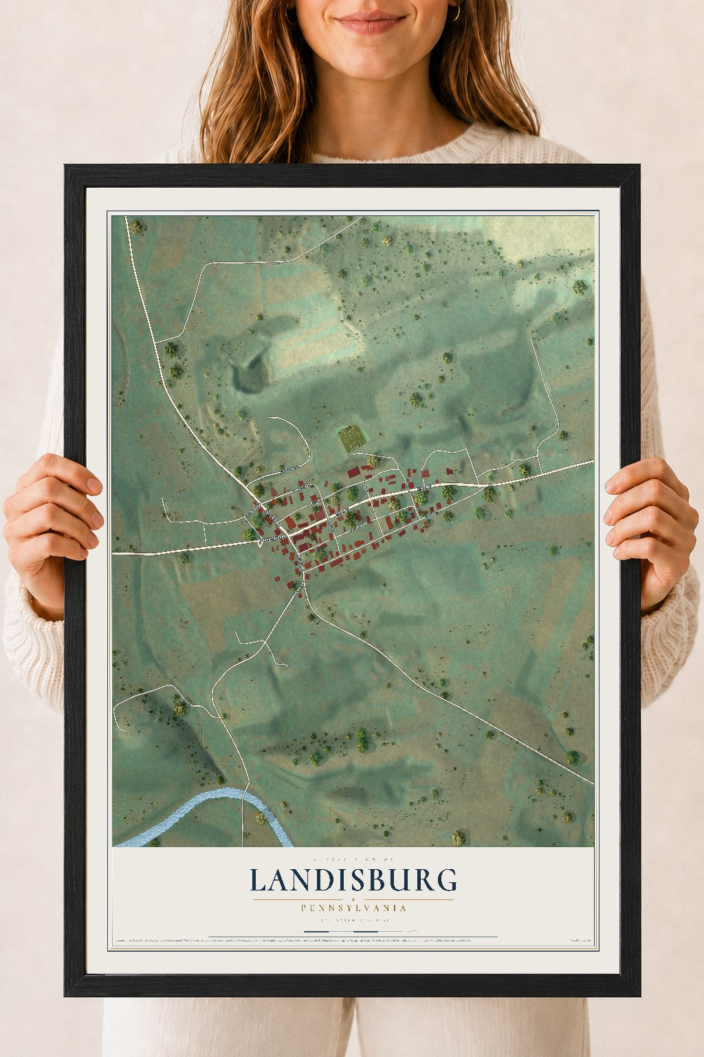 Map of Landisburg, Pennsylvania, 18 x 24 inch print in a black wood frame
