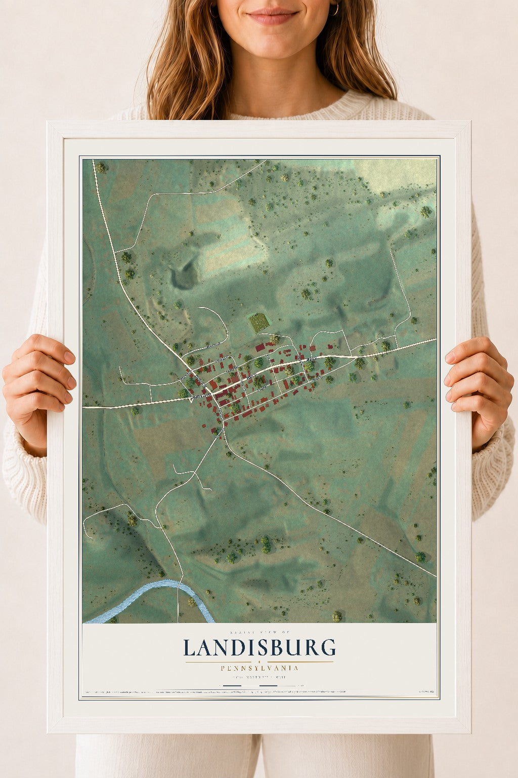 Map of Landisburg, Pennsylvania, 18 x 24 inch print in a white wood frame