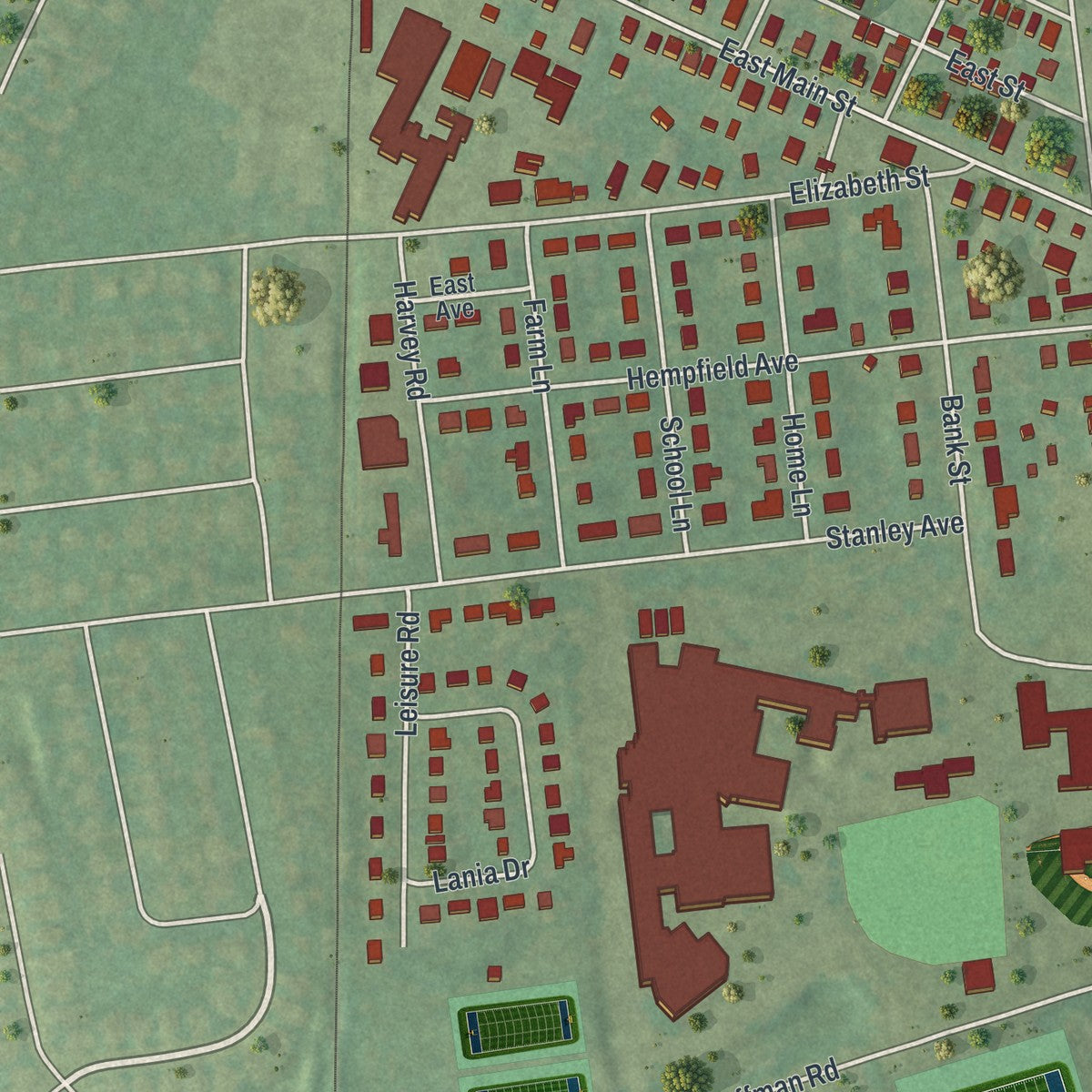 Close-up of the map of Landisville, Pennsylvania print showing street and building detail