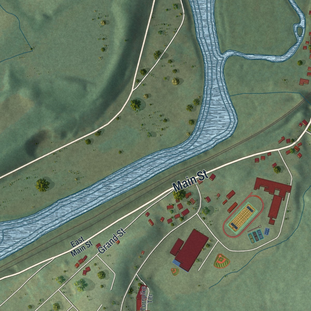 Second close-up of the map of Lanesboro, Pennsylvania print showing more streets and buildings