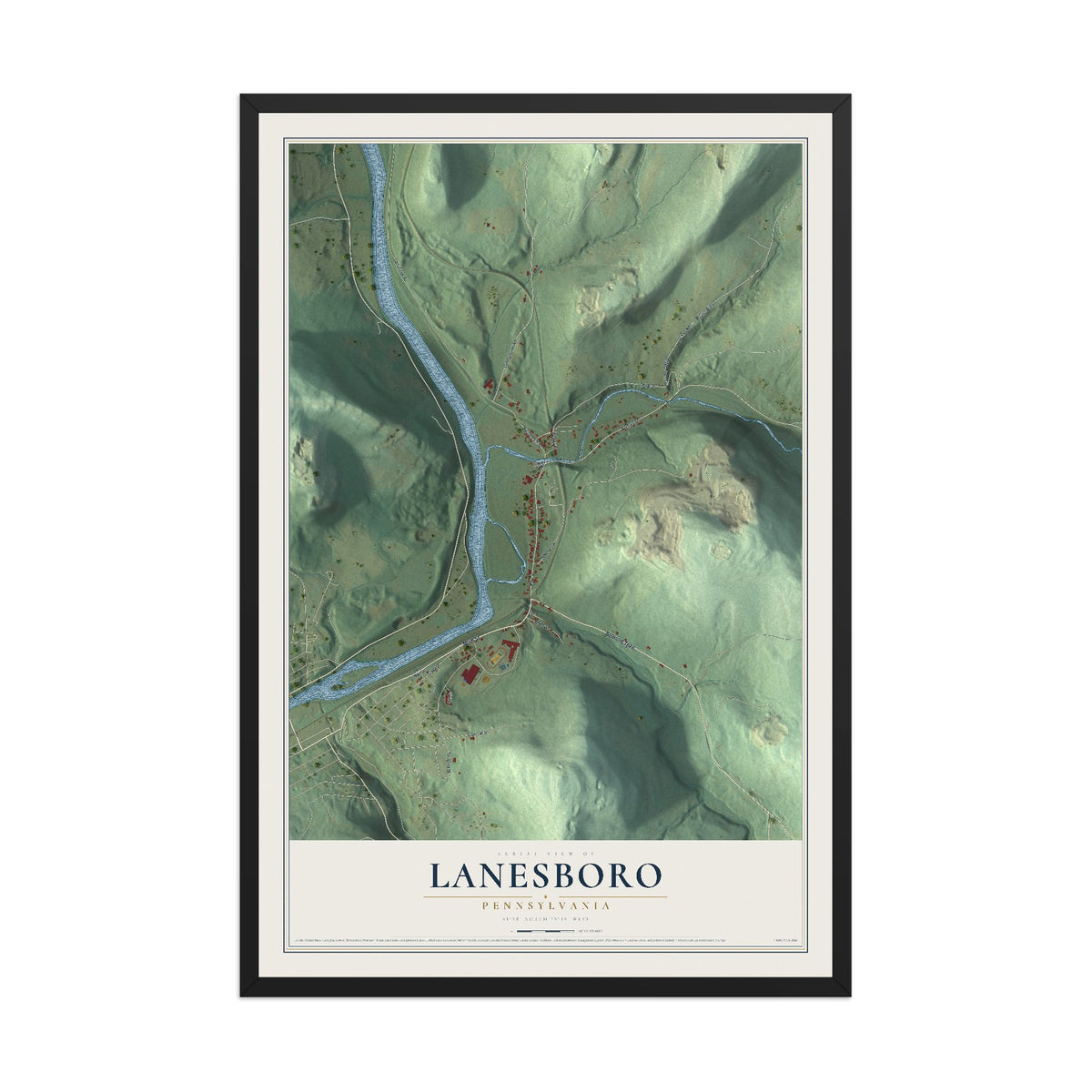 Map of Lanesboro, Pennsylvania, 12 x 18 inch print in a black wood frame