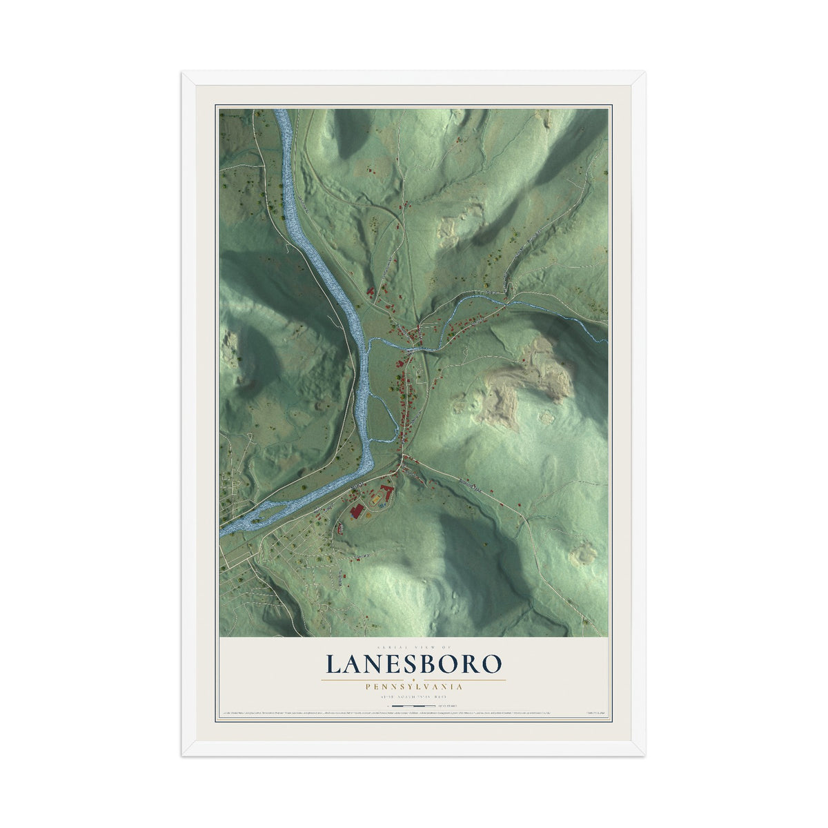 Map of Lanesboro, Pennsylvania, 12 x 18 inch print in a white wood frame