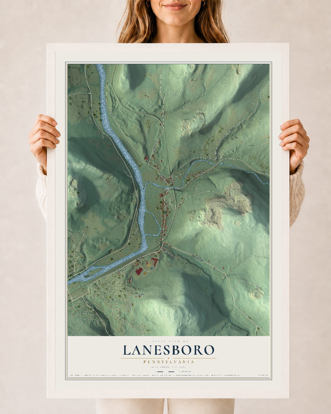 Map of Lanesboro, Pennsylvania, 24 x 36 inch print in a white wood frame