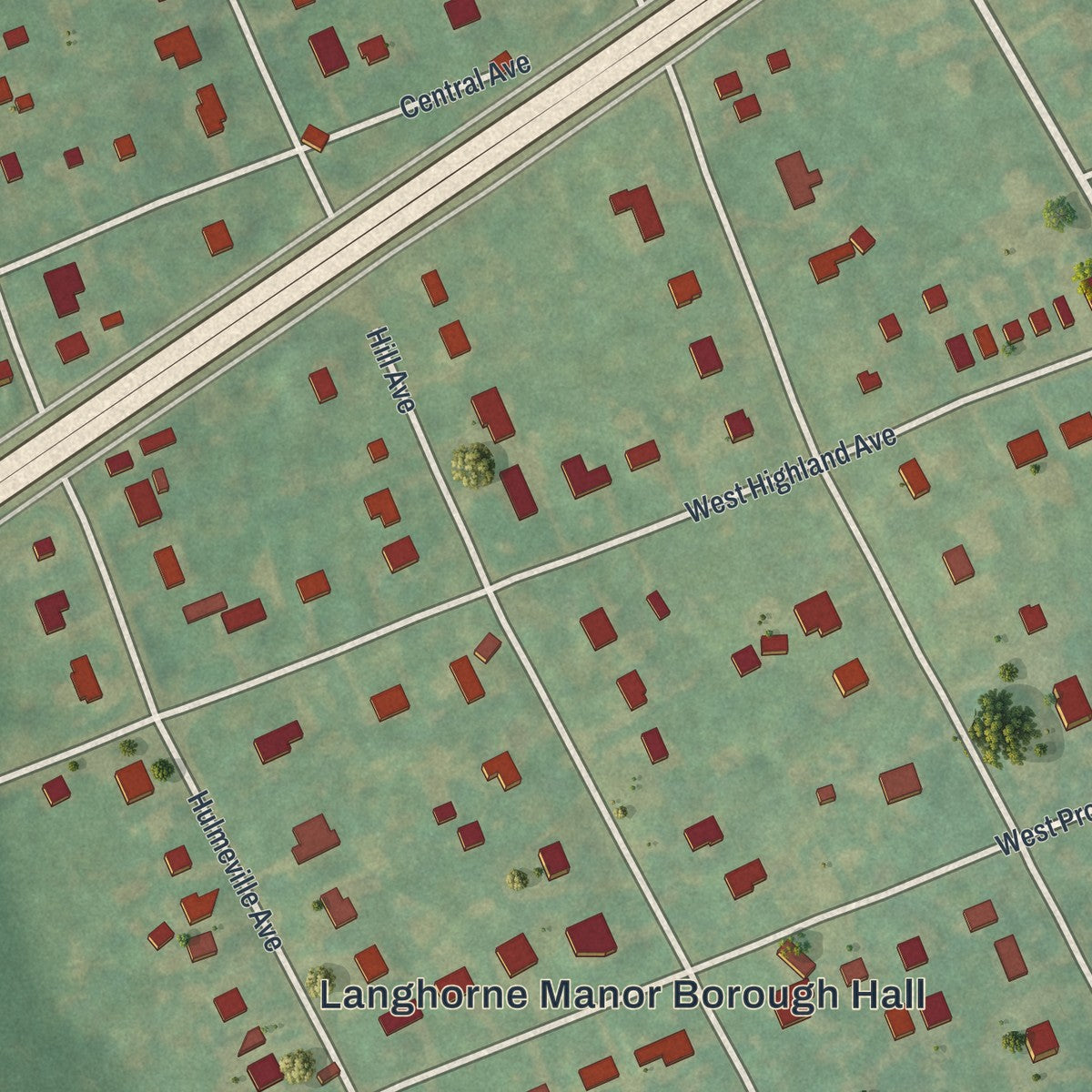 Close-up of the map of Langhorne Manor, Pennsylvania print showing street and building detail