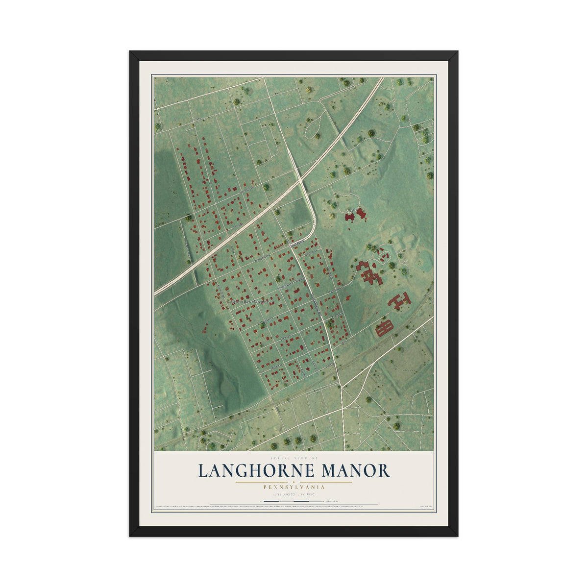 Map of Langhorne Manor, Pennsylvania, 12 x 18 inch print in a black wood frame