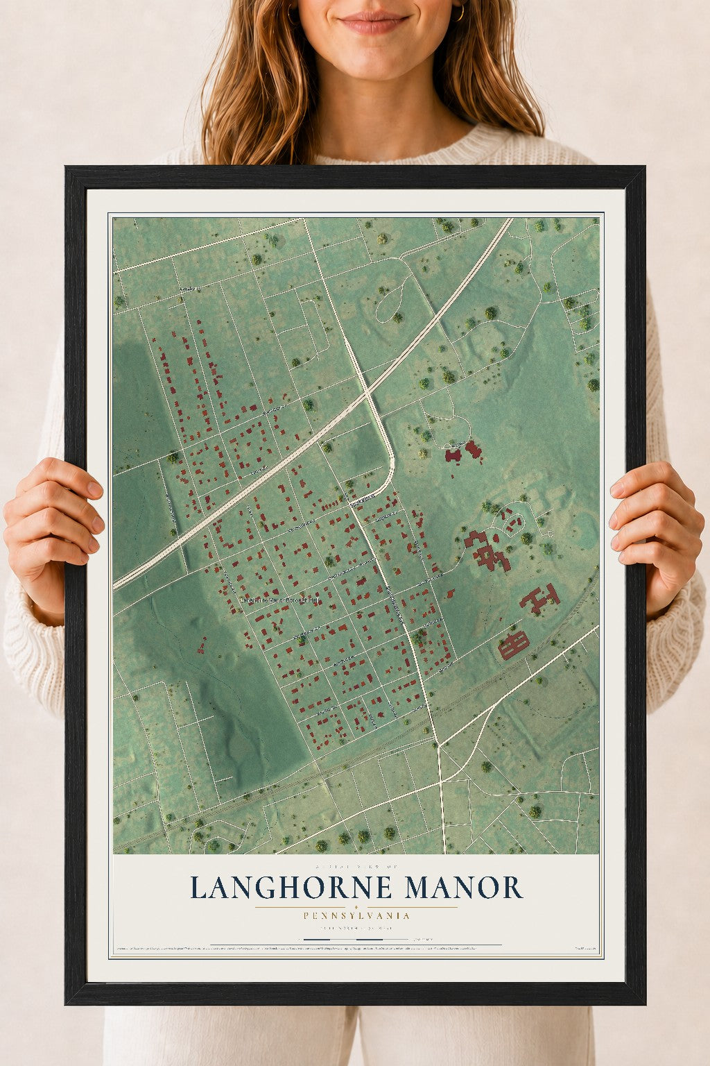 Map of Langhorne Manor, Pennsylvania, 18 x 24 inch print in a black wood frame