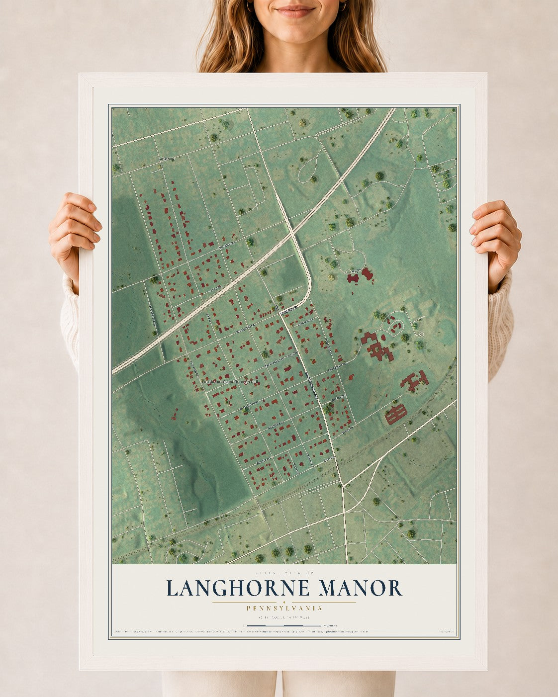 Map of Langhorne Manor, Pennsylvania, 24 x 36 inch print in a white wood frame