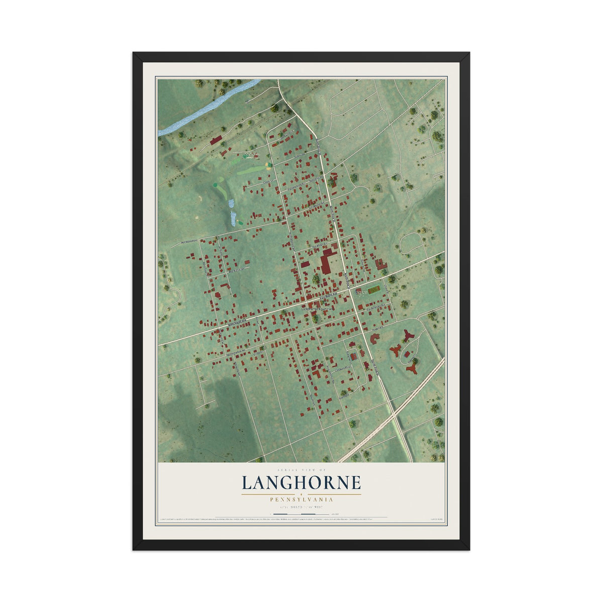 Map of Langhorne, Pennsylvania, 12 x 18 inch print in a black wood frame