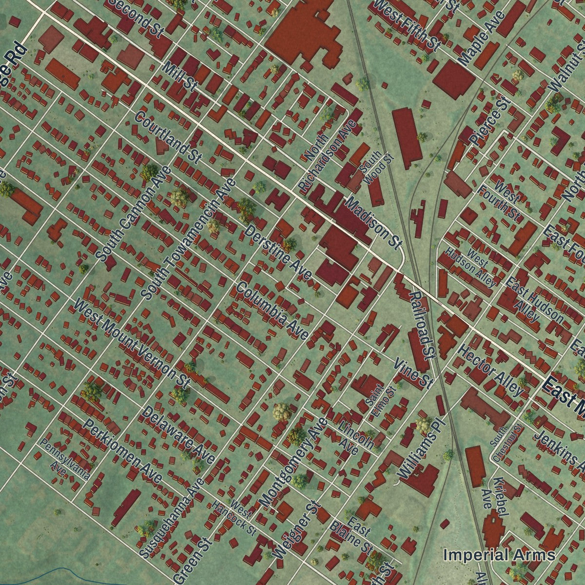 Close-up of the map of Lansdale, Pennsylvania print showing street and building detail
